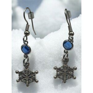 Silver Snowflake Dangle Earrings – Blue Gemstone Accent, Winter Holiday Jewelry,
